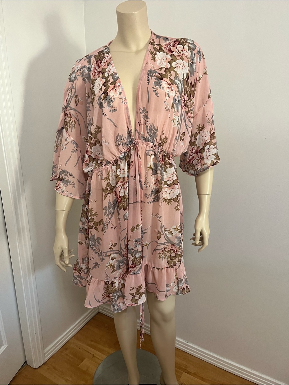 SHEIN Pink Floral Tie-Waist Swim Coverup